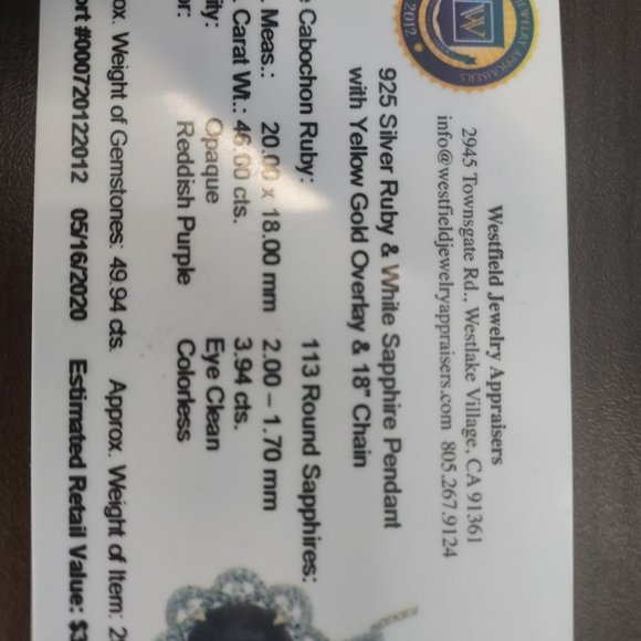 925 silver Ruby and white sapphire pendant with yellow gold. Overlay 18 inch cha - Picture 5 of 5